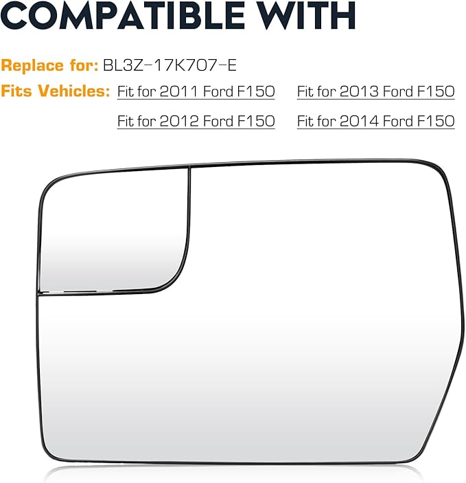Driver Left Side Power Heated Mirror Glass for 2011-2014 Ford F-150 with Rear Holder, Blind Spot Convex Side View Mirror, Replace for BL3Z-17K707-E
