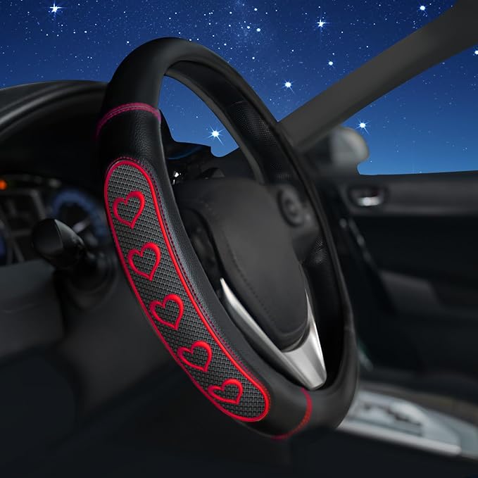 Ventilated Heart-Shaped Steering Wheel Cover with Anti-Slip Leather Grip. Compatible with Ford, Toyota, Honda, Nissan, and Ch