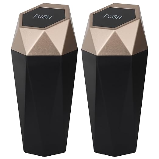 Car Trash Can Bin,Small Garbage Can with Lid,Automotive Cup Holder Mini Cars Trashcan,Portable Cute Cars Door Trash Cans,Women Car Dustbin (2Pcs, Gold)
