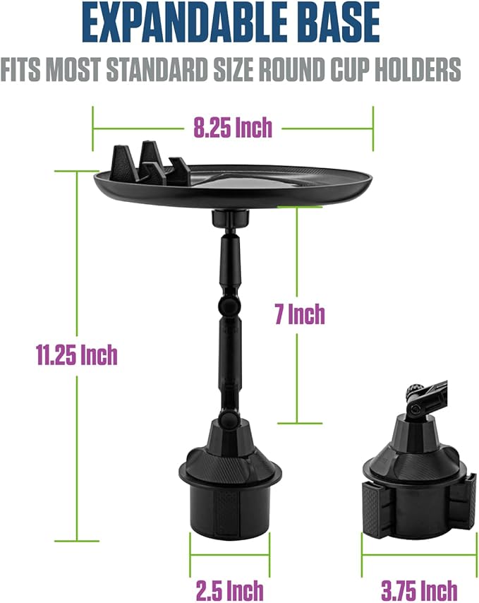 Cellet Cup Holder Tray for Car with Phone Mount – Expandable Base, 360° Rotation Food & Drink Tray with Non-Slip Surface, Adjustable Arm for Eating in Vehicle – Fits Most Standard Car Cup Holders