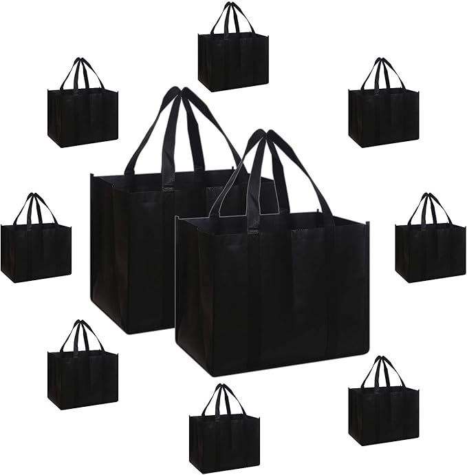 DIOMMELL Set of 10 Reusable Grocery Bags Extra Large Foldable Heavy Duty Shopping Tote Produce Bag with Reinforced Handles, Black