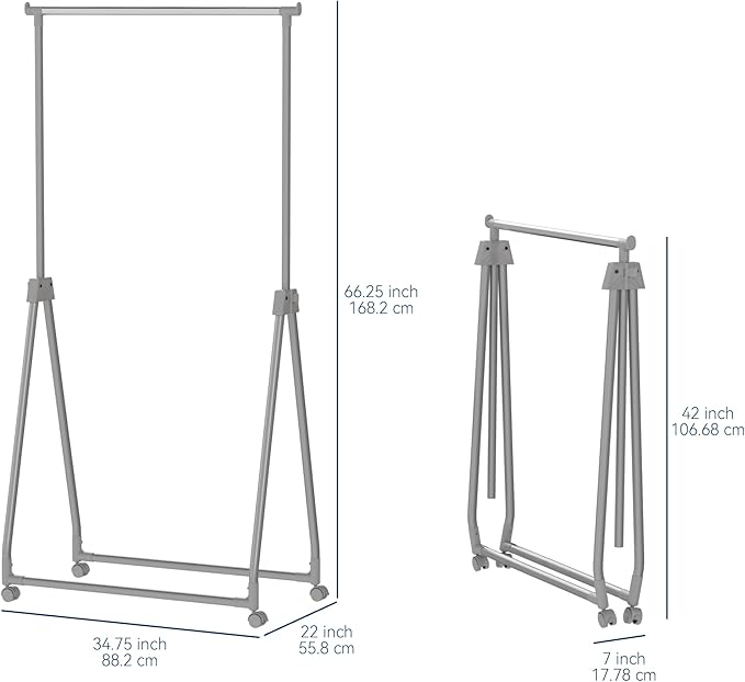 Whitmor Foldable Garment Rack - Rolling Clothes Rack - Adjustable Height Garment Rack, Heavy Duty Foldable Clothes Rack with 