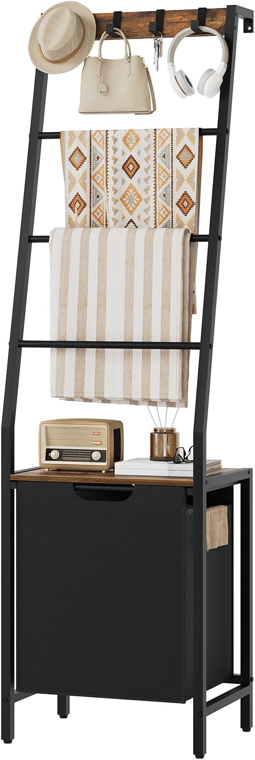 MAHANCRIS Blanket Ladder, 4-Tier Towel Rack with Pull-Out Laundry Basket & Removable Hooks, Ladder Shelf Stand, Wall-Leaning 