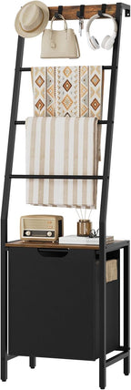 MAHANCRIS Blanket Ladder, 4-Tier Towel Rack with Pull-Out Laundry Basket & Removable Hooks, Ladder Shelf Stand, Wall-Leaning 
