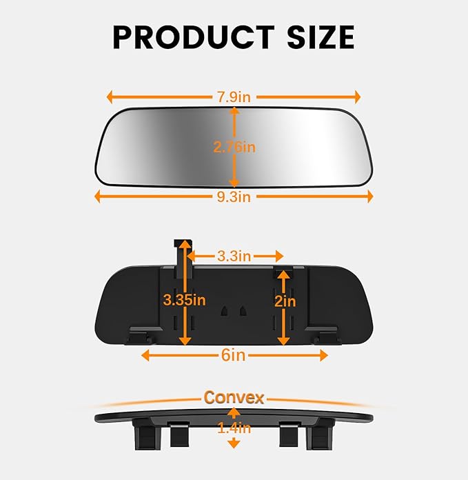 Rear View Mirror, 9.3 Inch Chrome Anti-glare Panoramic Rear Mirrors Universal Convex Car Interior Clip on Extra Big Wide Angle Rearview Mirror Extender to Reduce Blind Spot for Car SUV Truck