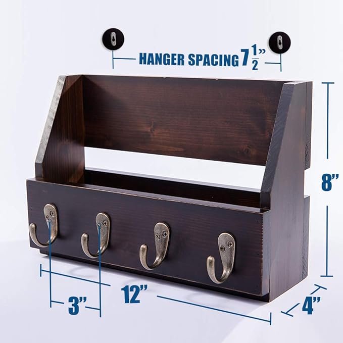 Flintar Wall Mount Key and Mail Holder with 4 Hooks. Made in Taiwan, Solid Wood. Use as Key Rack, Entryway or Mudroom Organiz