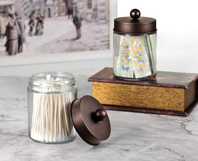 Amolliar 4Pc Apothecary Jars Bathroom Vanity Storage Organizer Set -Countertop Canister with Stainless Steel Lids &Cute Stick