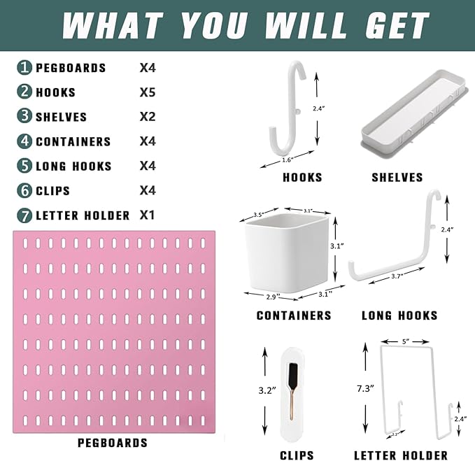 Wall-Mounted Pegboard Kit, 25.2" x 25.2" Organizer Panel – Large, Cost-Effective & Nail-Free Installation Pink