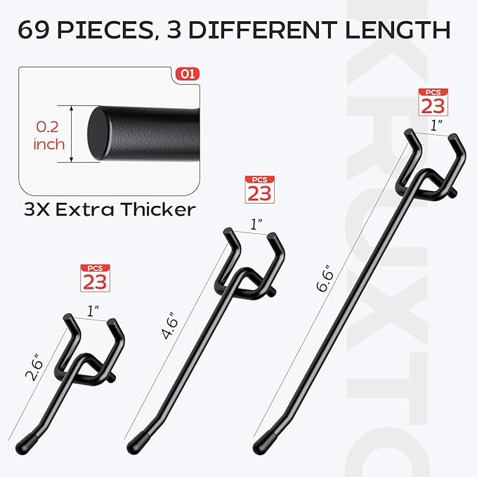 69PCS 2/4/6 Inch Extra Thick Pegboard Hooks, Heavy Duty Peg Board Organizer Accessories, Peg Board Tool Hangers Fit for 1/4" 