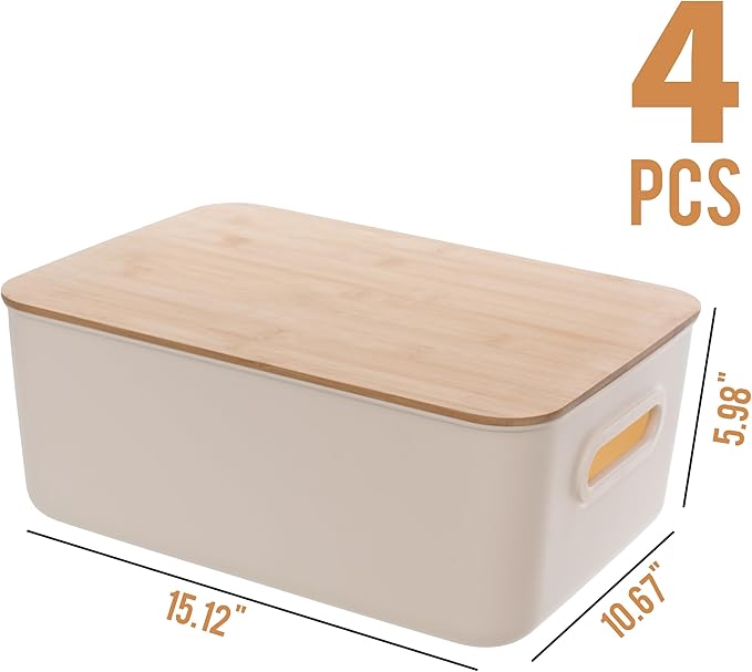 Citylife 4 PCS Storage Bins with Bamboo Lids Plastic Storage Containers for Organizing Stackable Storage Box with Handle, 15 