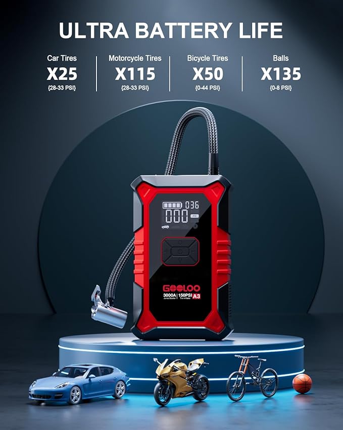 GOOLOO A3 Jump Starter with Air Compressor, 3000A Portable Car Battery Booster (9.0 Gas/6.5L Diesel) with 150PSI