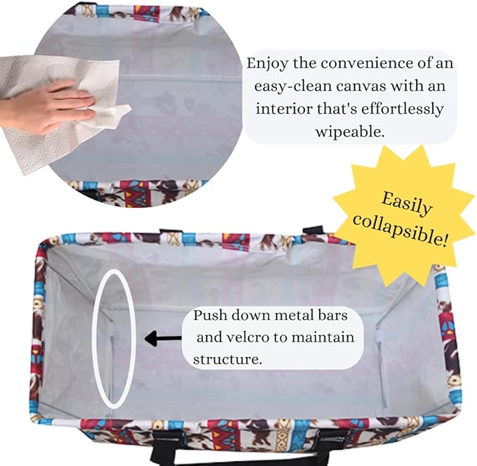NGIL Extra Large Utility Tote Reusable Grocery Organizing Bag Oversized Collapsible for Storage, Picnic,Car, Beach (Tribal Cow-black)