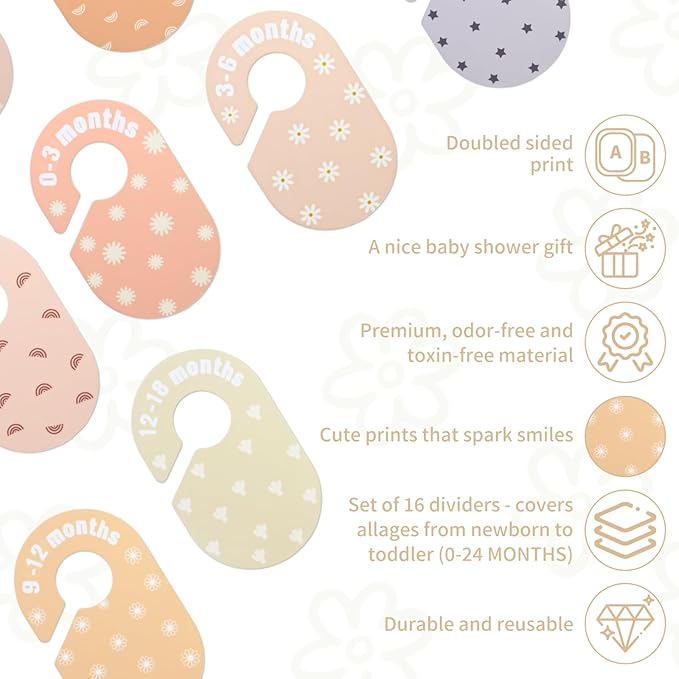 16Pcs Baby Closet Dividers Double-Sided Baby Closet Organizer, Nursery Closets Dividers for Sorting 8 Sizes, Nursery Decor Ha