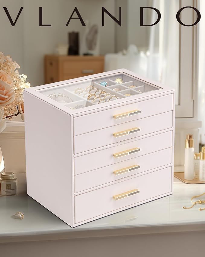Vlando 5 Layer Jewelry Box for Women, Glass Lid Jewelry Organizer with 5 Drawers for Necklaces Rings Earrings Bracelets - Lig