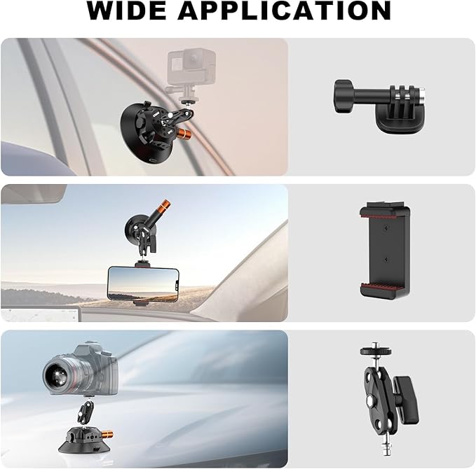 COMAN 4.5'' Suction Cup Camera Mount with Ball Head Magic Arm, Metal Camera Suction Mount for Action Cameras iPhone, Quick Release Car Mount with 1/4" & 3/8" Mounting Holes for Car Windshield Window