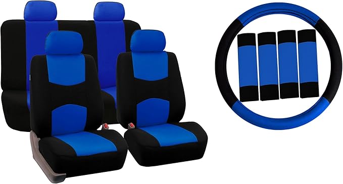 FH Group Car Seat Covers Flat Cloth Automotive Blue Full Set, Rear Solid Bench Universal Fit Combo Steering Wheel Cover & Seat Belt Pads Car Seat Protector for Cars Trucks SUV Interior Accessories