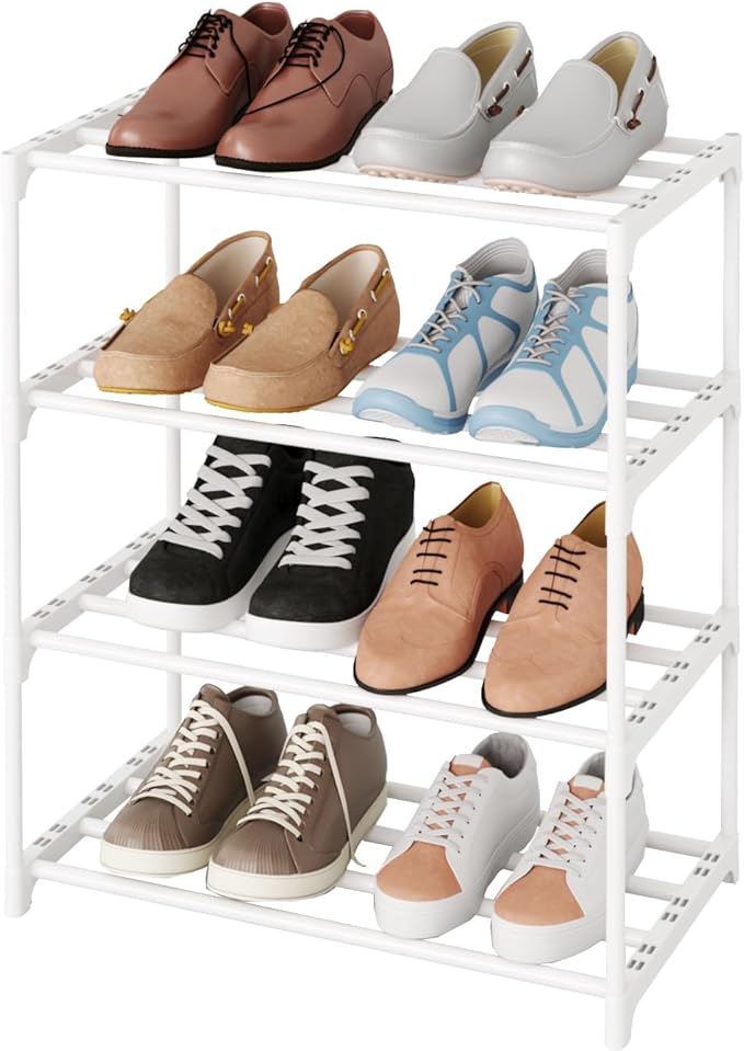 Metal Small Shoe Rack,Stackable Kids Shoe Stand,Narrow Shoe Storage Shelf for 8-10 Pairs of Shoes Entryway and Closet Hallway
