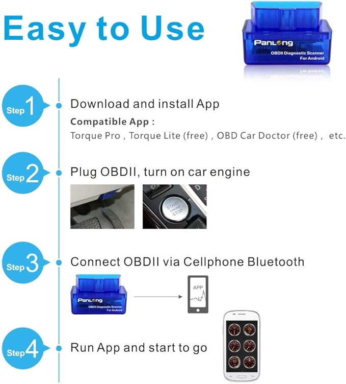 Panlong OBD2 Scanner Bluetooth OBDII Diagnostic Tool Car Code Reader Turn Off Check Engine Light Support Android Torque App