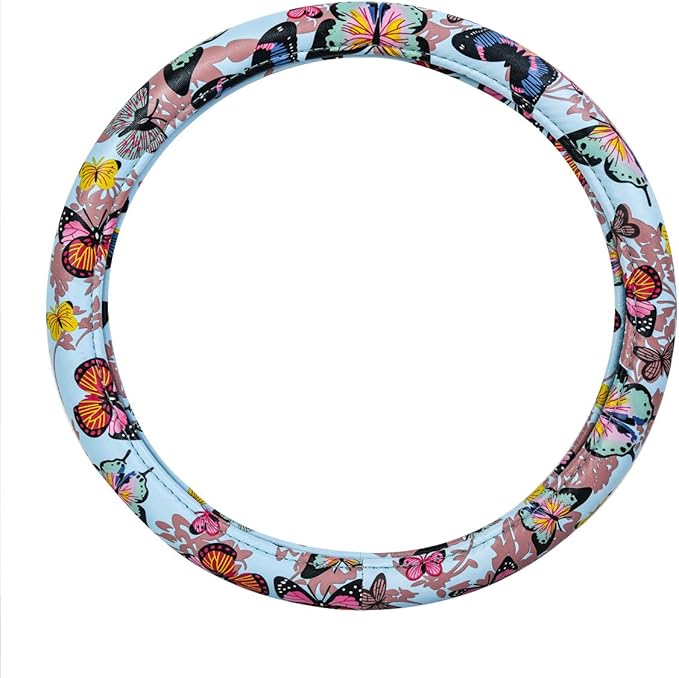 CAR-GRAND Pretty Colorful Butterfly Steering Wheel Cover, Universal 14.5-15 Inch Anti-Slip Leather Car Wheel Protector for Wo