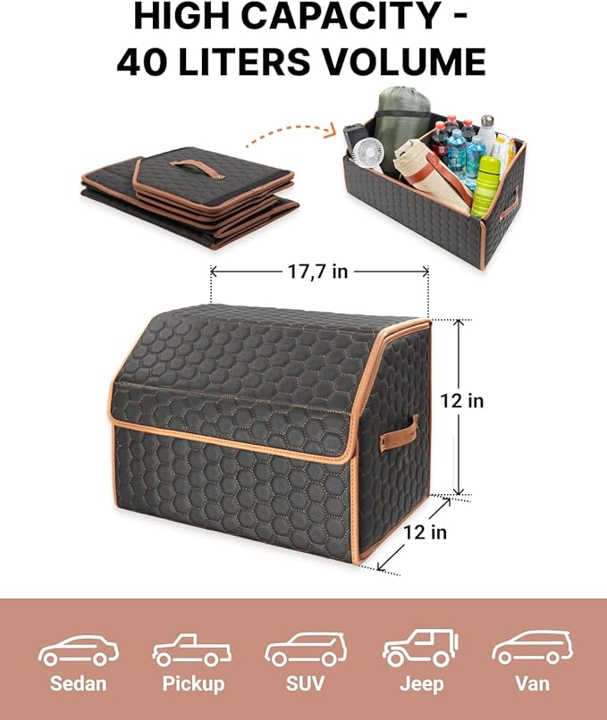 Owleys Sedan Trunk Organizer 17.7" Storage Tote For Groceries, Tools & Travel Gear - Foldable Eco-Leather Car Crate With