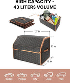 Owleys Sedan Trunk Organizer 17.7" Storage Tote For Groceries, Tools & Travel Gear - Foldable Eco-Leather Car Crate With