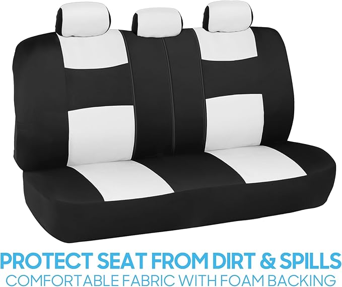 BDK PolyPro Car Seat Covers Full Set in White on Black, Front and Rear Split Bench Seat Covers for Cars, Easy to Install Car 