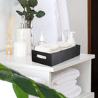 ALELION Black Bathroom Basket - Wooden Toilet Tank Paper Basket with Handle for Organizing - Back of Toilet Storage Organizer