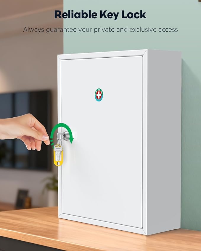 Uniclife Wall Mount Medicine Cabinet with Key Lock, Locking First Aid Cabinet, Lockable Medical Cabinet, Large Capacity Medic