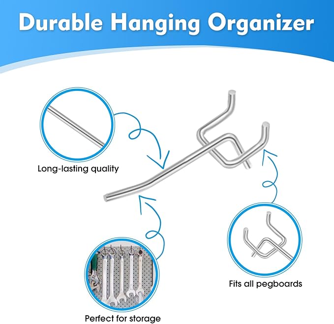 50 Pack 2 Inch Pegboard Hooks, L Shape Metal Hooks Kit for 1/4" and 1/8" Pegboard, Utility Hooks Suit for Organizing Storage 