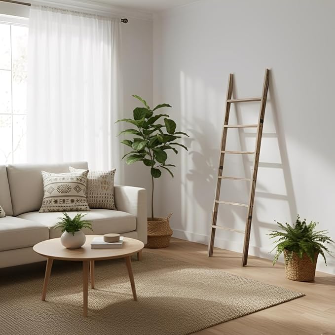 Blanket Ladder for Living Room 6-Tier, Wooden Decorative Quilt Holder for Bed Room, Wall-Leaning Towel Rack for Bathroom, Dec