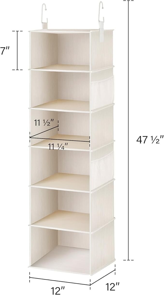 StorageWorks 6-Shelf Hanging Closet Organizer, Hanging Shelves for Closet, Fabric, Mixing of Beige, White & Ivory, 12" D x 12