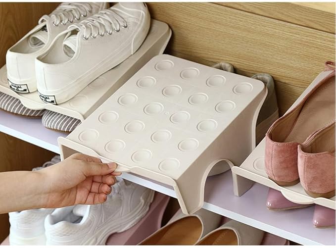 4 Pcs Stacking Shoe Organizer for Shelf 10 x 8.7 in – Double Layer Space Saving Shoe Dividers for Shelves – Footwear Riser fo