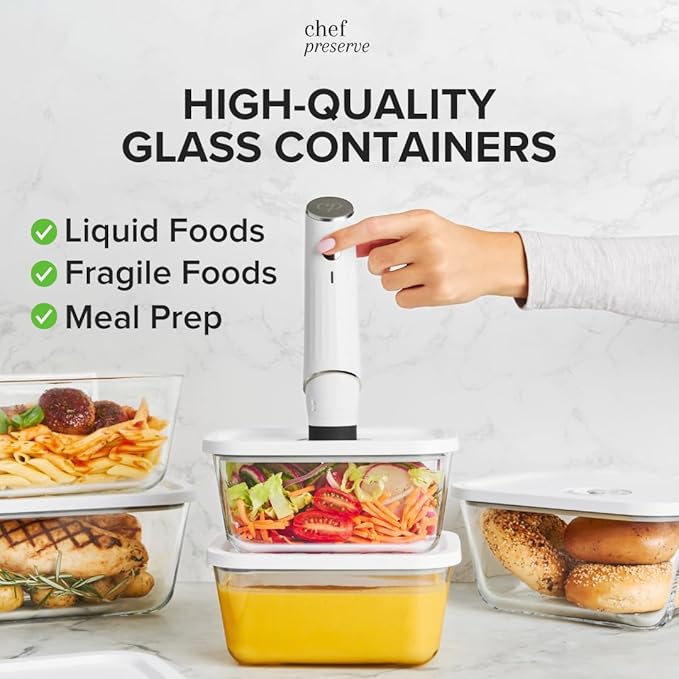 Chef Preserve Compact Vacuum Sealer for Food (Vacuum Sealer Machine + 3 Glass Vacuum Containers + 30 Reusable Vacuum Bags) Po