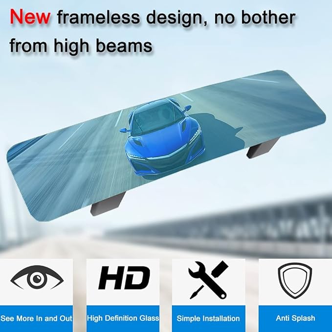 SkycropHD Anti Glare Rear View Mirror Frameless Car Interior Rearview Mirror Panoramic Wide Angle to Eliminate Blind Spots – Convex,11.8in (Blue)