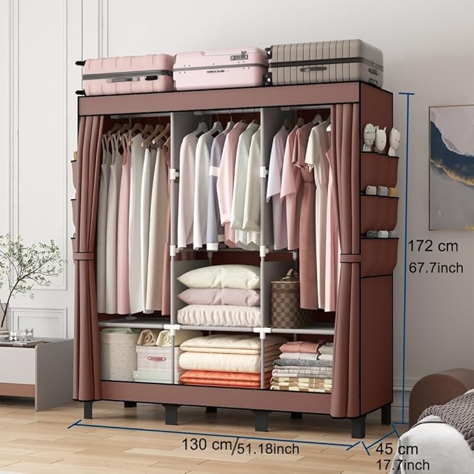 Portable Closet, 51.18" Large Capacity Clothing Storage Organizer with 3 Hanging Rods 6 Shelves 18 Side Pockets, Dustproof St
