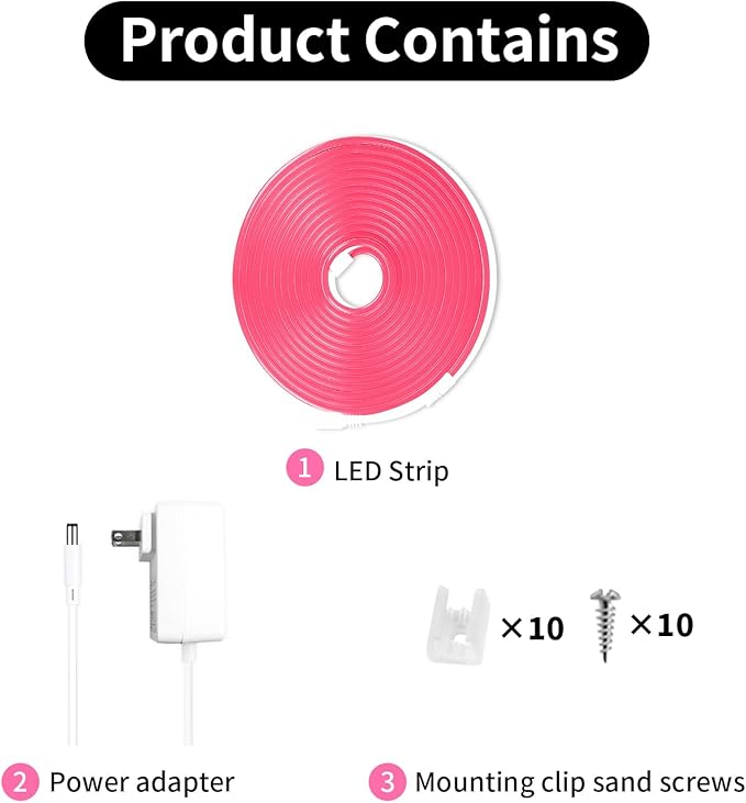 iNextStation 16.4FT/5M Pink LED Strip Lights, DC12V Silicone Neon Light Strip, IP65 Waterproof Led Rope Lights Dimmer for Cuttable DIY, LED Light Strip for Bedroom, Indoor, Outdoor(with Plug)