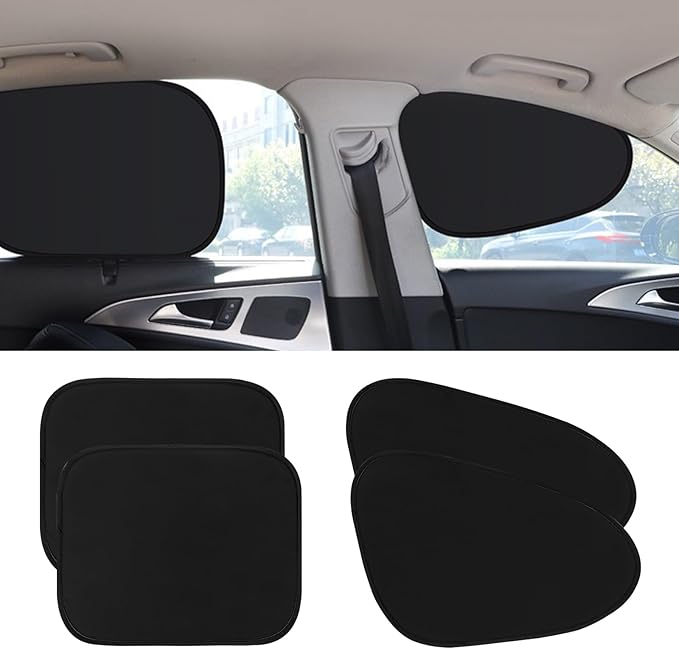 4-Pack Car Window Shades, Static Cling Foldable Sun Shades, 99% UV & Glare Blocker. Semi-Coverage Design for Unobstructed View, Universal Fit for Most Cars, SUVs, Minivans — Perfect for Road Trips.