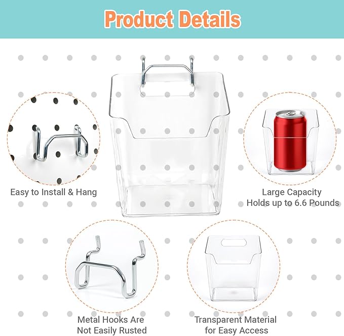 8 Pack Large Pegboard Bins with Hooks, Square Box Shape Peg Board Cups and Peg Board Accessories for Craft Room, Playroom, Of