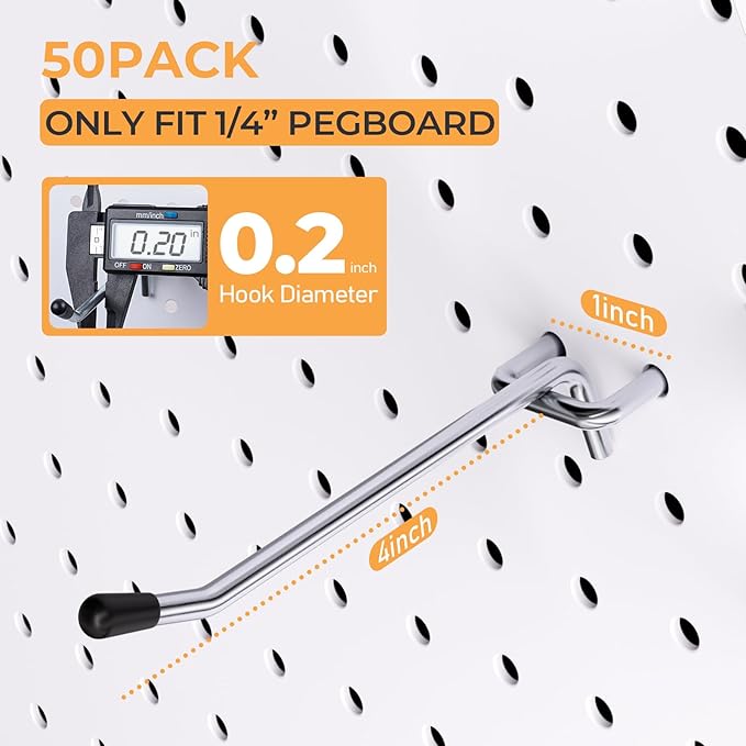 INCLY 50 Pack 4 Inch Pegboard Hooks, 1/4" Heavy Duty Peg Board Hooks Accessories with Rubber Tipped, Peg Board Tool Hangers F