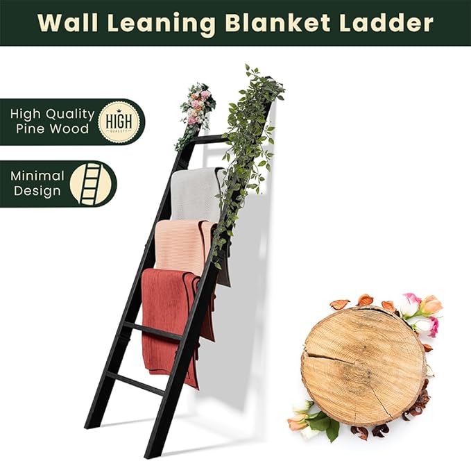 Decorative Wooden Blanket Ladder for the Living Room and Bedroom, 5ft 8 inch, Pine Wood Quilt Ladder, 6-Tier Wall Leaning Bla