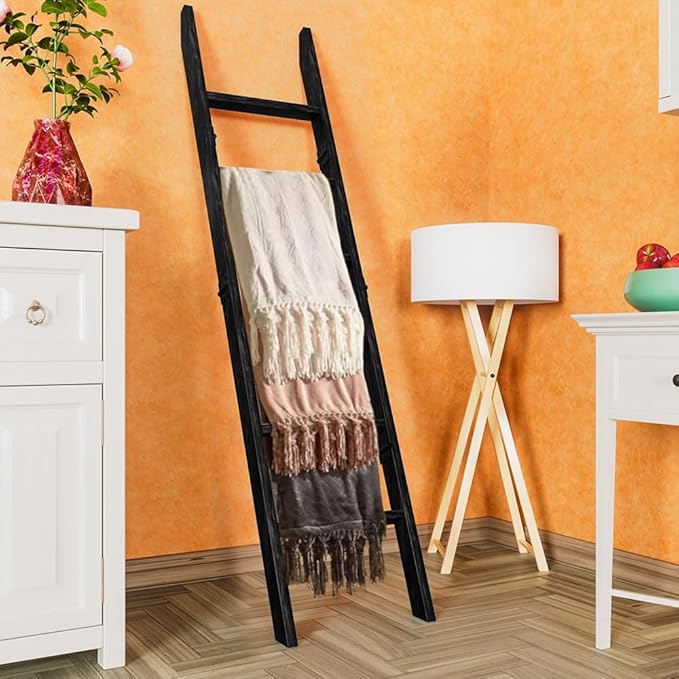 Decorative Wooden Blanket Ladder for the Living Room and Bedroom, 5ft 8 inch, Pine Wood Quilt Ladder, 6-Tier Wall Leaning Bla