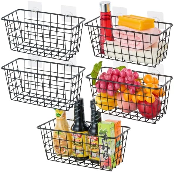 JUNCHU CHERRY 5 Pack Hanging Storage Basket, Bathroom Basket, Household Goods, with Traceless Tape, no Drilling, for Cabinet 