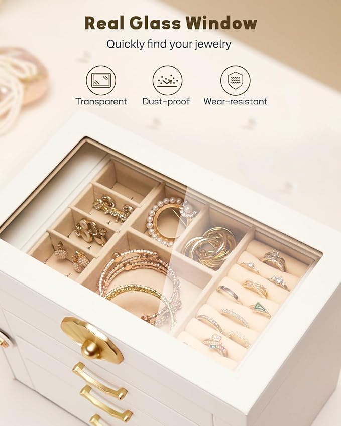 Enthralite Jewelry Box with 3 Drawers: Display Organizer for Earrings Necklaces - Gift for Girls Women (White)