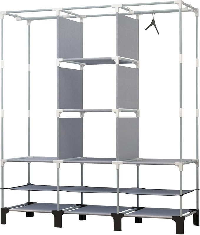 Portable Wardrobe with 10 Storage Racks and 2 Hanging Poles 6 Side Pockets Fleece Cover, Size 130 x 45 x 172 cm, Bedroom Clos
