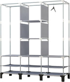 Portable Wardrobe with 10 Storage Racks and 2 Hanging Poles 6 Side Pockets Fleece Cover, Size 130 x 45 x 172 cm, Bedroom Clos