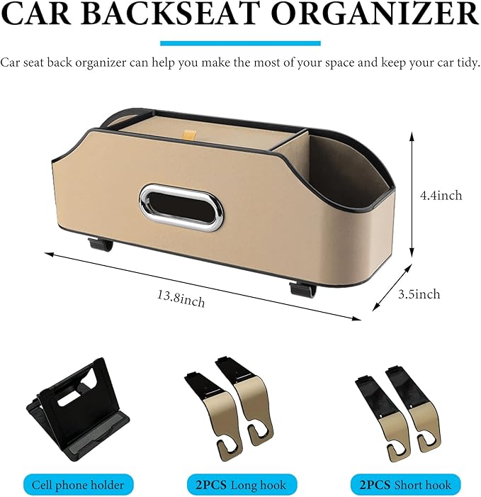 Car Seat Back Organizer with 2 Drink Cup Holder, Headrest Rear Seat Storage Organizer with Tissue Box and Hook, Multi-Functional Backseat Hanging Storage Box for Kids Travel (Beige)