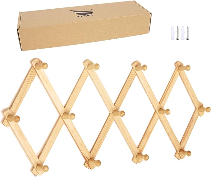 AMAPON Accordion Style Expandable Wall Wooden Coat Rack 13 Hooks (Pegs) Hang Hats Jackets Coffee Mug Purses Necklaces Towels 