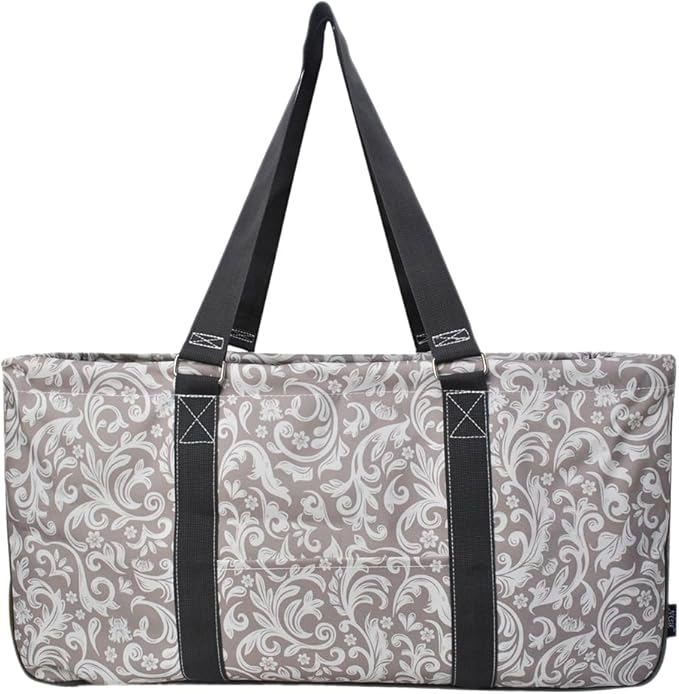 NGIL Extra Large Utility Tote Reusable Grocery Bag Oversized Collapsible for Groceries, Storage, Picnic, Beach (Damask Vine-Gray)