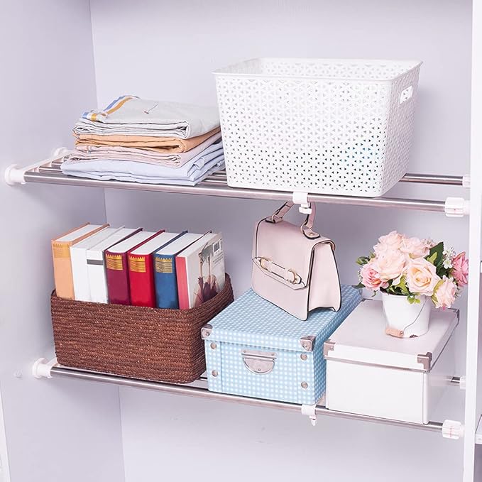 Hershii Expandable Closet Tension Shelf Rod Adjustable Storage Rack Heavy Duty DIY Organizer Divider for Wardrobe Cupboard Ki