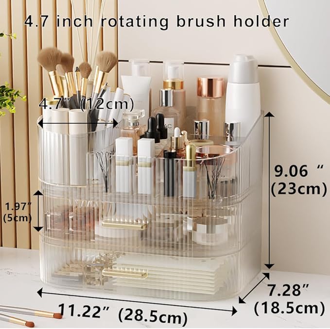 Makeup Organizer with Stackable Drawer, 360 Rotating Makeup Brush Holder, 11-inch Large Cosmetic Display Case, Skincare Organ